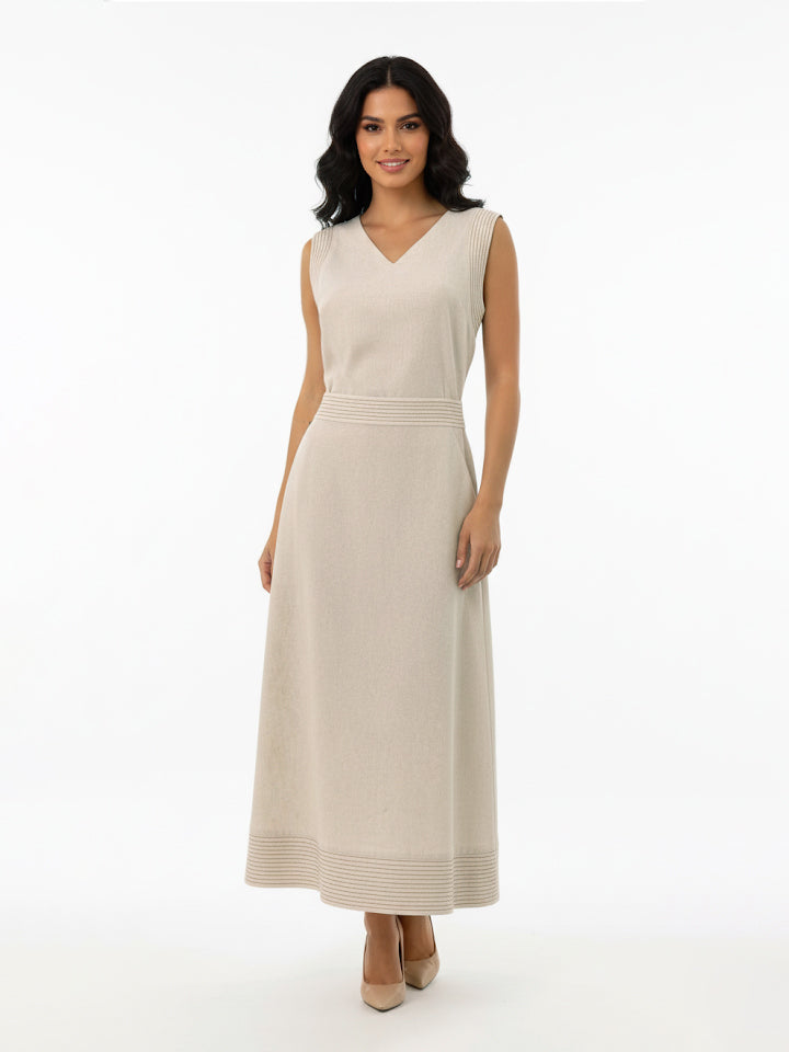 Women's Beige V-neck Sleeveless Waist-defined Maxi Dress, Retro-style Minimalist Slimming Knitted Dress