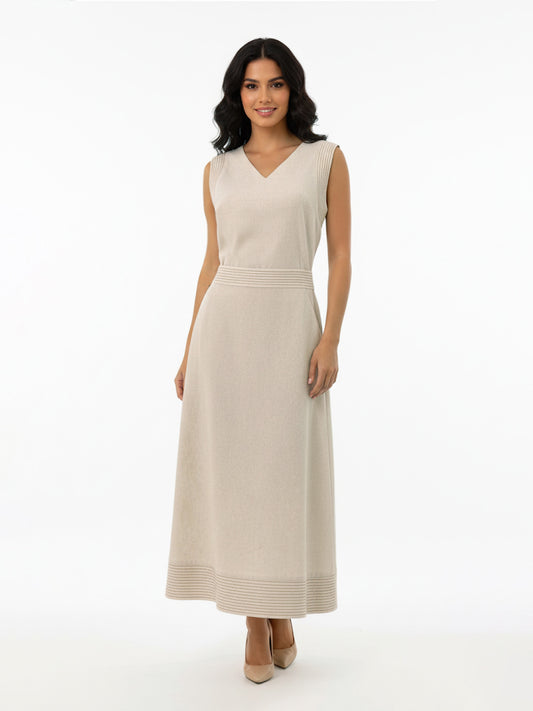 Women's Beige V-neck Sleeveless Waist-defined Maxi Dress, Retro-style Minimalist Slimming Knitted Dress