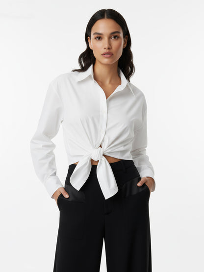 Women's White Collared Long-sleeve Tie-up Cropped Top + Black Wide-leg Pants Set, Retro-style Minimalist Slimming Two-piece Outfit