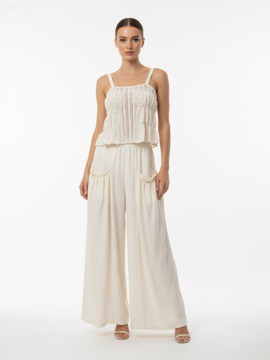 Women's Beige Hollow-out Ruched Camisole Cropped Top + Beige Wide-leg Pants Set, Retro-style Sweet Slimming Two-piece Outfit