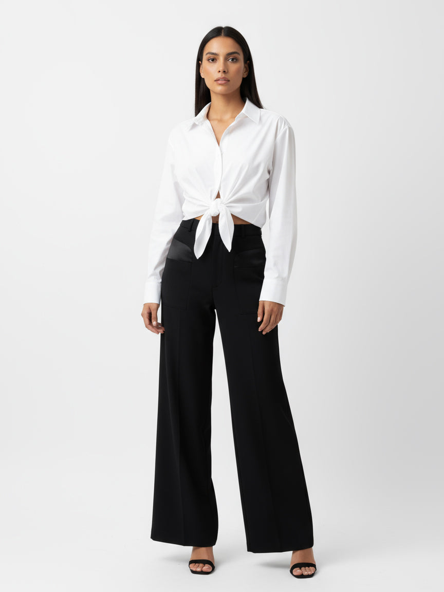 Women's White Collared Long-sleeve Tie-up Cropped Top + Black Wide-leg Pants Set, Retro-style Minimalist Slimming Two-piece Outfit