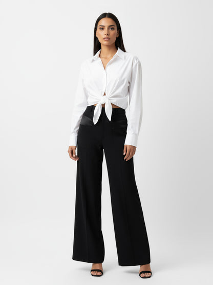 Women's White Collared Long-sleeve Tie-up Cropped Top + Black Wide-leg Pants Set, Retro-style Minimalist Slimming Two-piece Outfit
