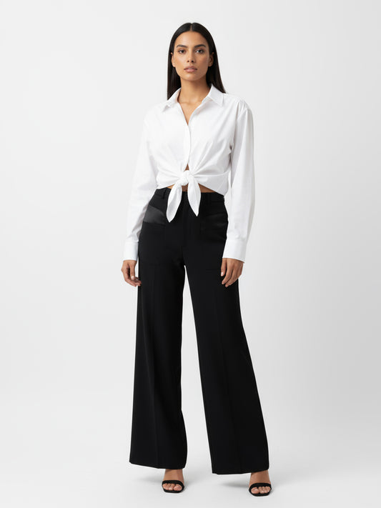 Women's White Collared Long-sleeve Tie-up Cropped Top + Black Wide-leg Pants Set, Retro-style Minimalist Slimming Two-piece Outfit