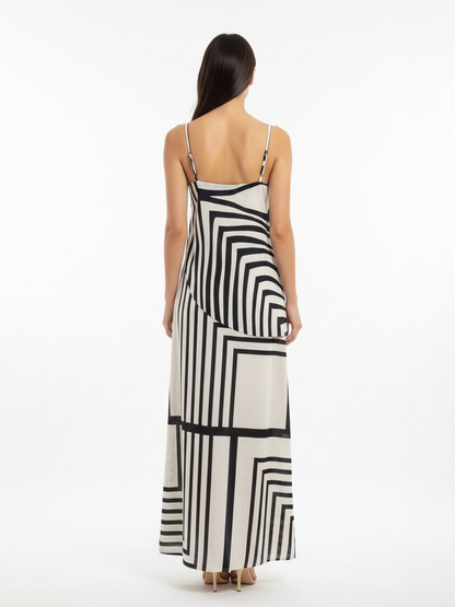 Women's Black and White Geometric Patterned Camisole Cropped Top + Black and White Geometric Patterned Maxi Skirt Set, Retro-style Minimalist Slimming Two-piece Outfit