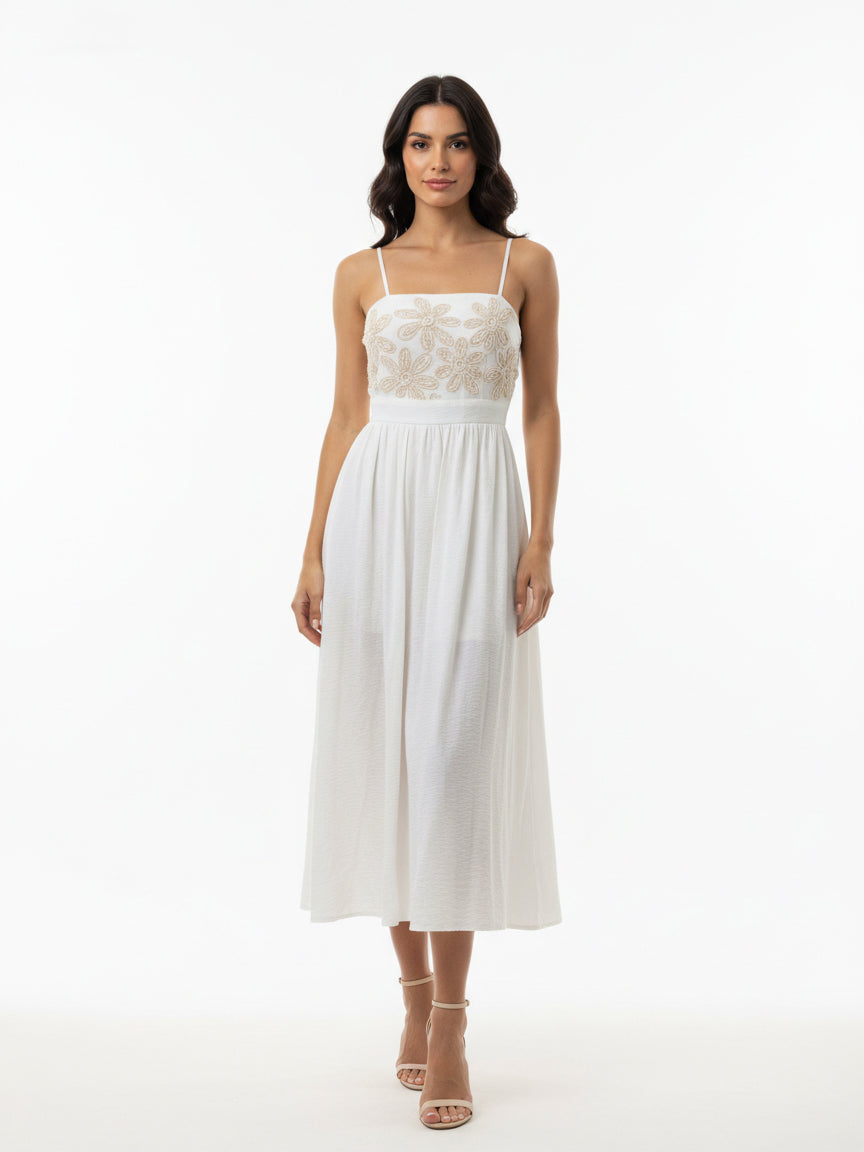 Women's White Floral Embroidered Camisole Midi Dress, Retro-style Sweet Slimming Dress