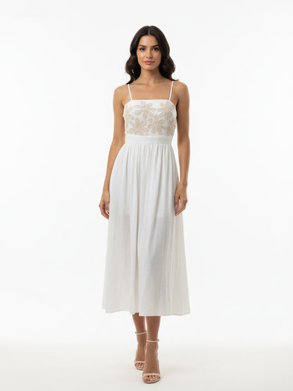 Women's White Floral Embroidered Camisole Midi Dress, Retro-style Sweet Slimming Dress